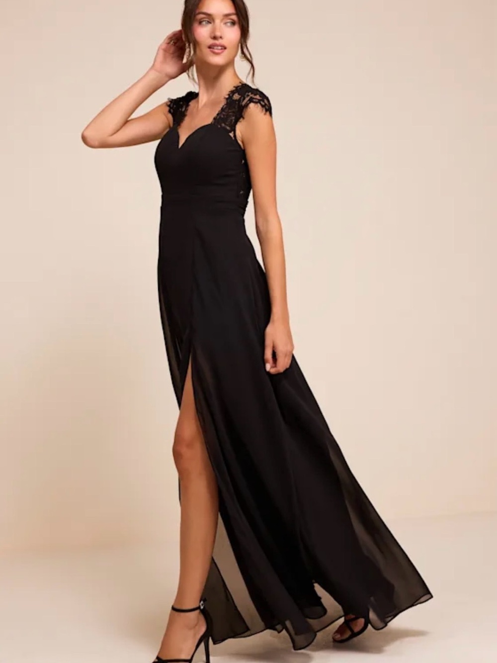 Lulu's Black Lace-Cap Sleeve Maxi Gown with Front Slit